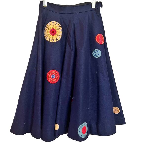 Vintage 50s Rare Navy Felt Embroidered Button Floral Circle Skirt S - Picture 2 of 7